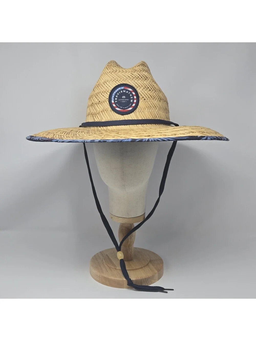 TravisMathew Straw Lifeguard Sun Hat Wide Brim Chin Strap Blue Trim New One Size